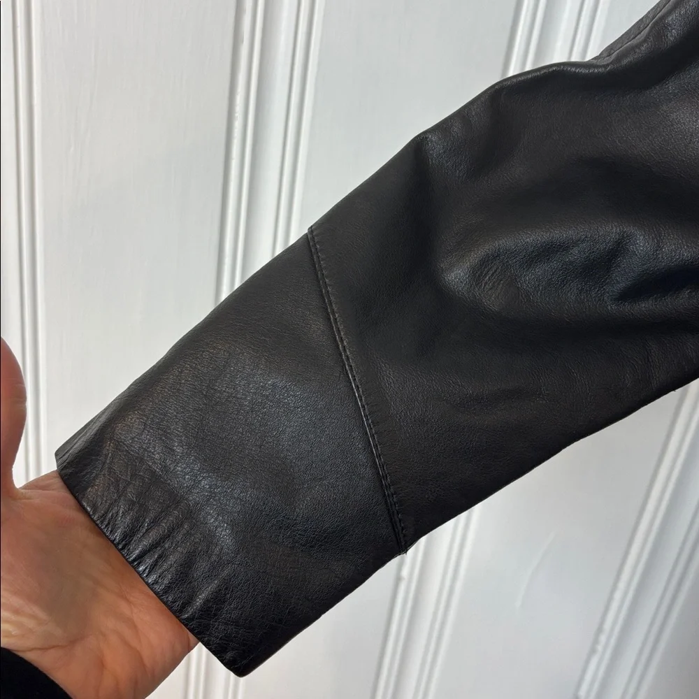 Vintage AMBRIA Black Genuine Leather Fitted Dress | Quilted Shoulders | Size 10 - Picture 5 of 12